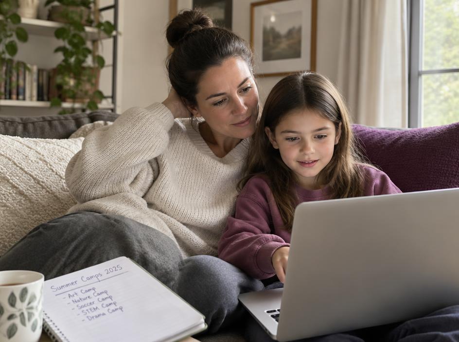 A parent and child choosing camps on a laptop
